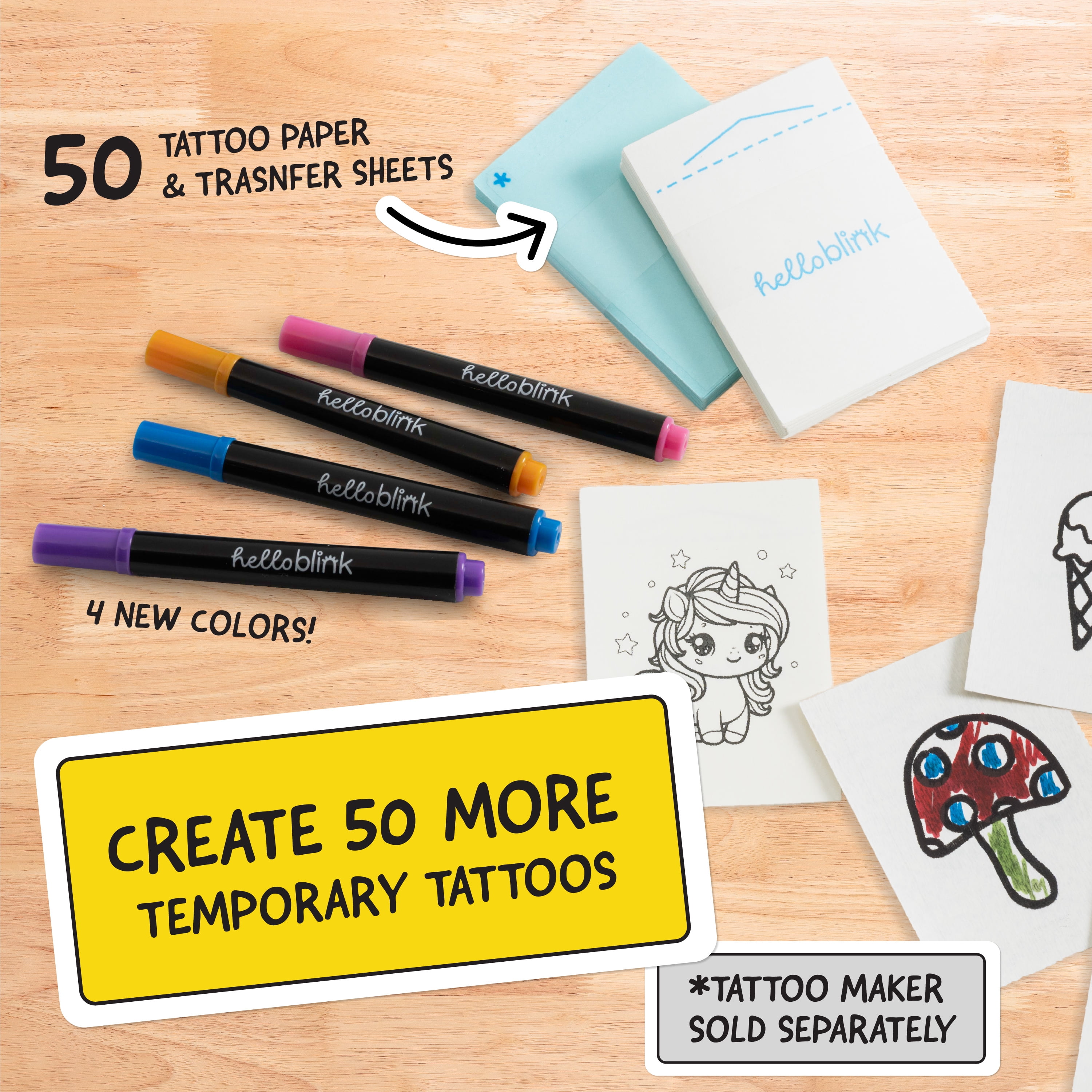 Hello Blink Tattoo Maker Custom Temporary Body Art Refill Pack for Kids Ages 8 and up.