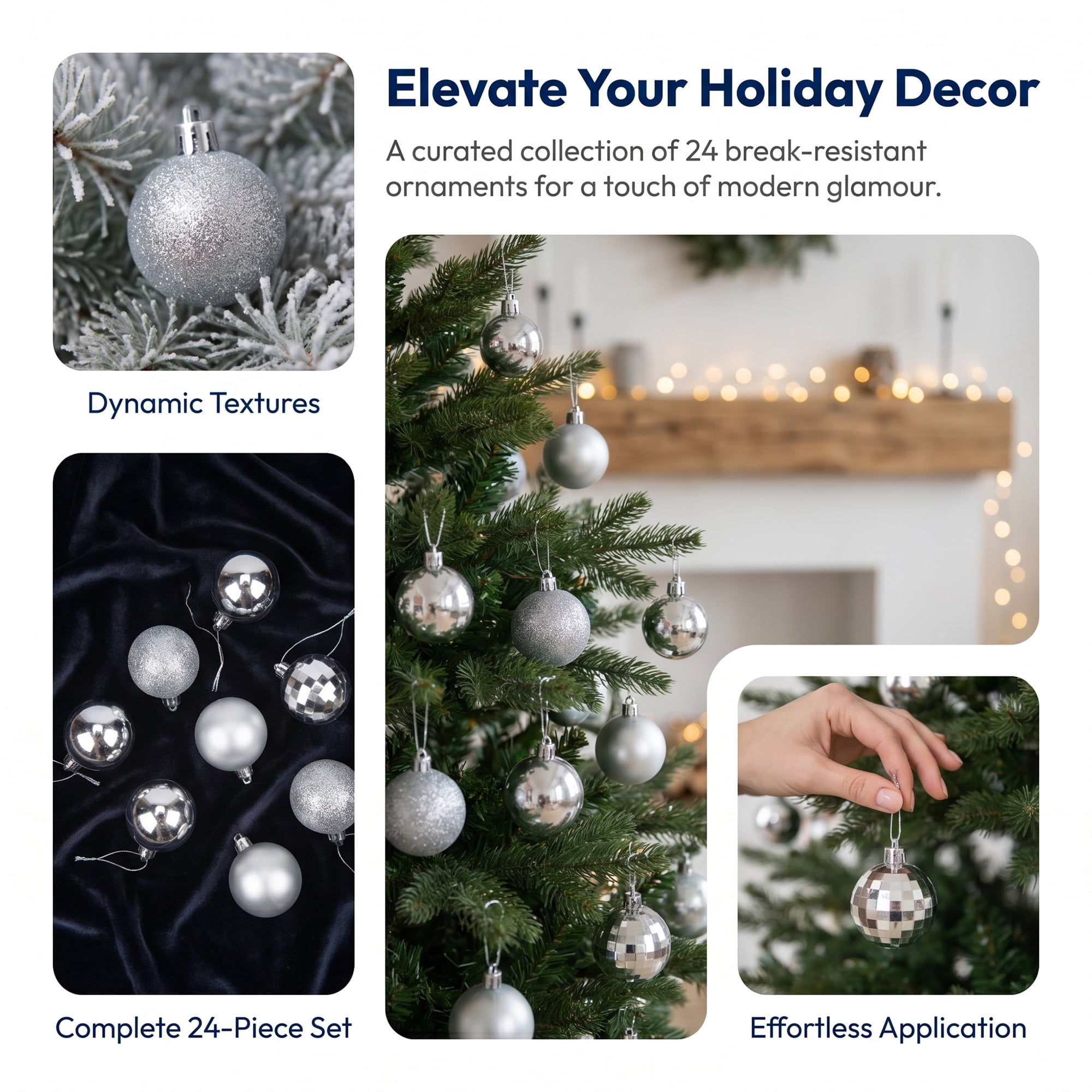Unique Bargains 24Pcs Christmas Tree Hanging Baubles Shatterproof Ornaments Silver 1.6"