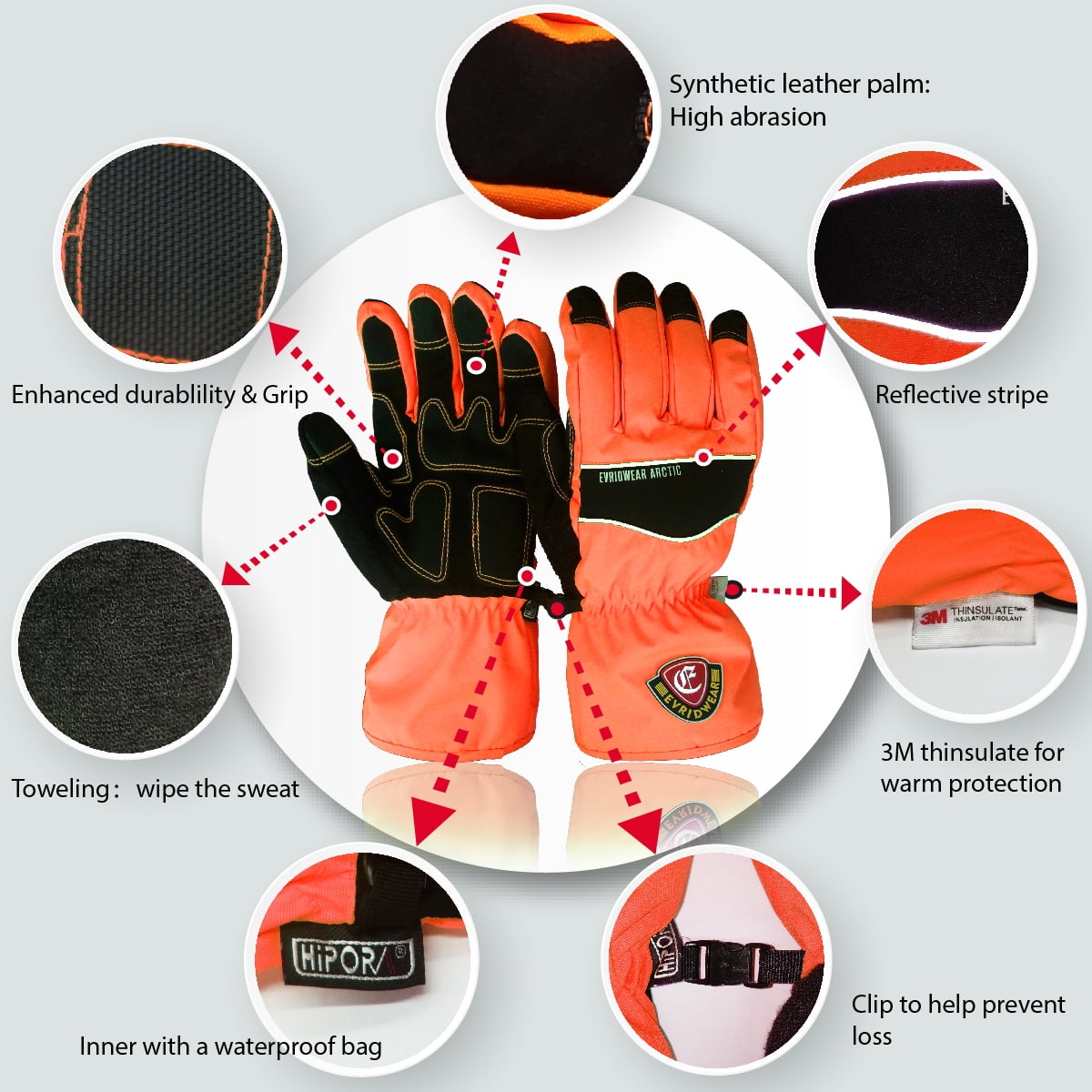 EvridWear Men Women Waterproof Ski Gloves, 3M Thinsulate Snowboard Winter Gloves ( XL, Orange)