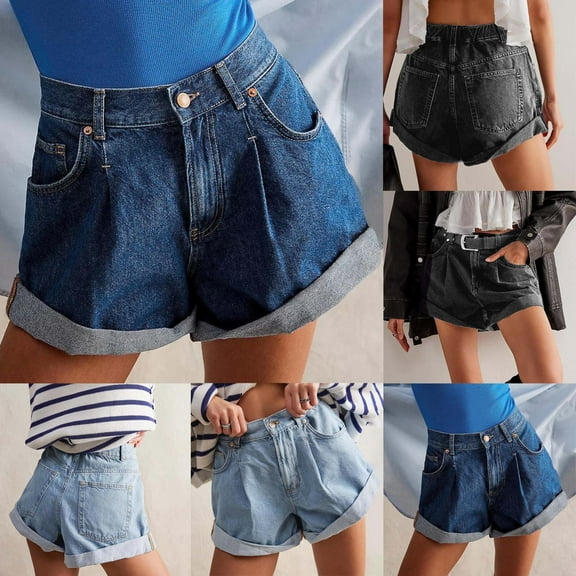 DDAPJ pyju Womens Jean Shorts Vintage Distressed Denim Shorts Summer Casual Stretch High Waisted Rolled Hem Shorts with Pockets Dark Blue M
