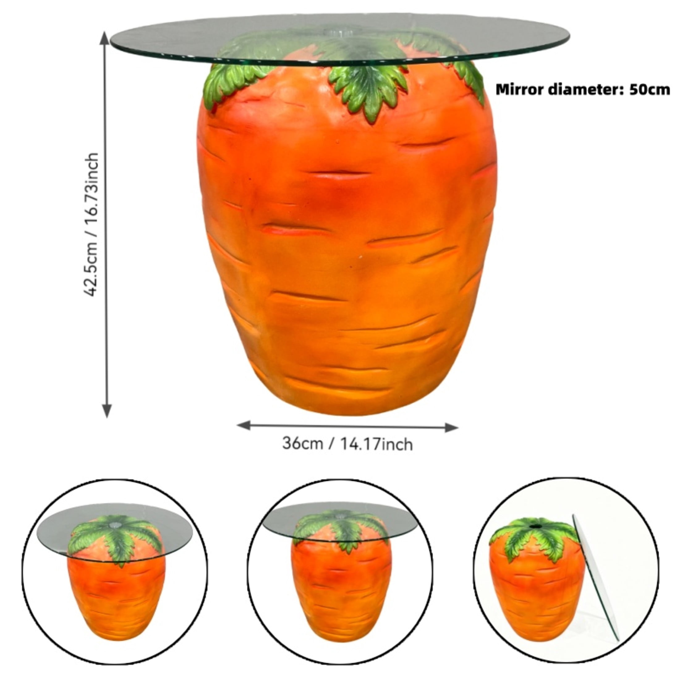 Noble House Novelty Carrot Shaped Side Table with Tempered Glass Top & Weatherproof Resin Base, Home Decor, Orange