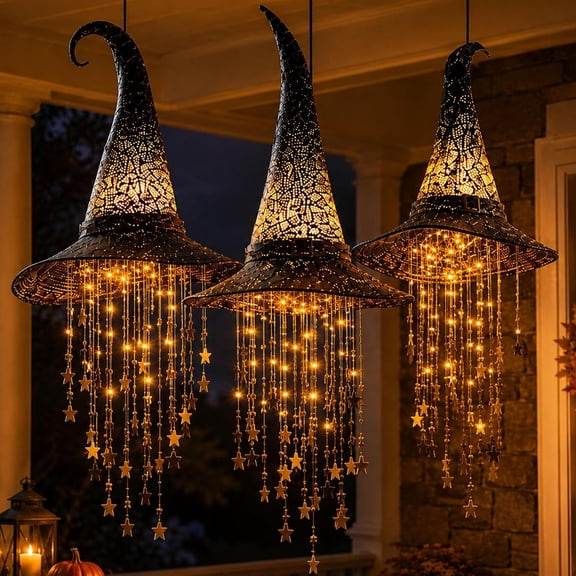 Lighted Witch Hat Halloween Hanging Decoration, Warm LED Hanging Decor with Dangling Stars for Covered Porch, Window, Entryway, Patio, Staircase and Party