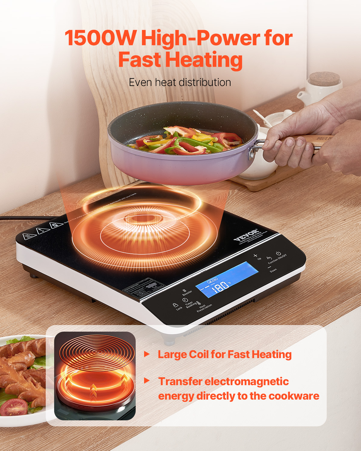 VEVOR Portable Induction Cooktop, 1500W Electric Induction Burner with 9 Temperature Settings, Countertop Induction Hot Plate with 4H Timer, 24H Reservation, Child Lock, Easy to Clean, for Cooking