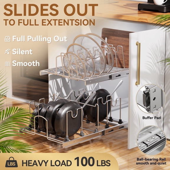 STORING 2-Tier Pull-Out Cabinet Organizer for Pots, Pans & Lids, Adjustable Heavy Duty Wire Rack, Full-Extension 12"W x 22"D