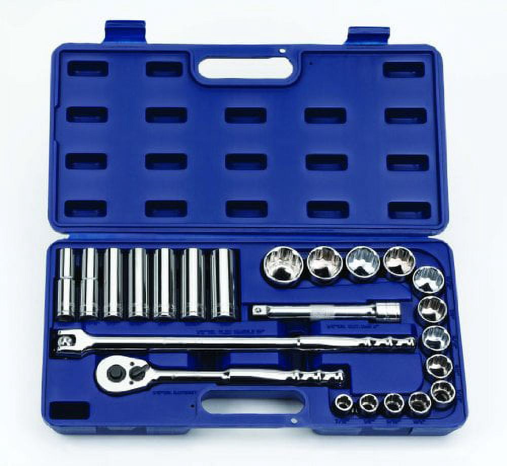 23pc 1/2" Drive 12-Point 1/2" to 7/8" Deep & 7/16" to 1-1/4" Shallow SUPERTORQUE™ Chrome Sockets & Drive Tools Set In A Packed In A Compact HDPE Carrying Case. Williams® # JHW50668