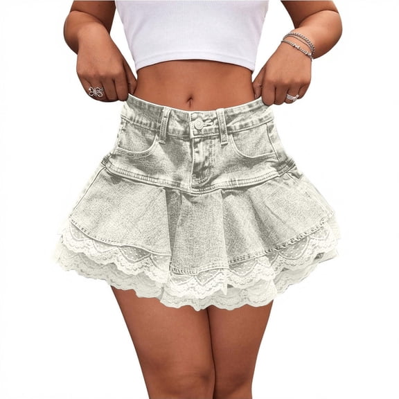 Samdudou Womens Skirts Denim Mini Skirt High Waisted Layered Lace Hem Jean Skirt Short Streetwear Party Bottoms
