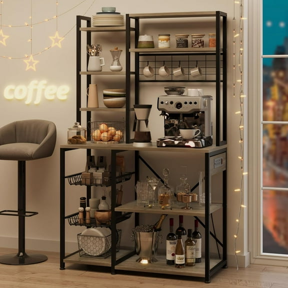 Towallmark Bakers Rack With Power Outlets, 7 Tier Industrial Microwave Stand With Wire Basket And Hooks, Large Metal Coffee Bar Station With Storage Shelf, Rustic Gray Kitchen Organizer
