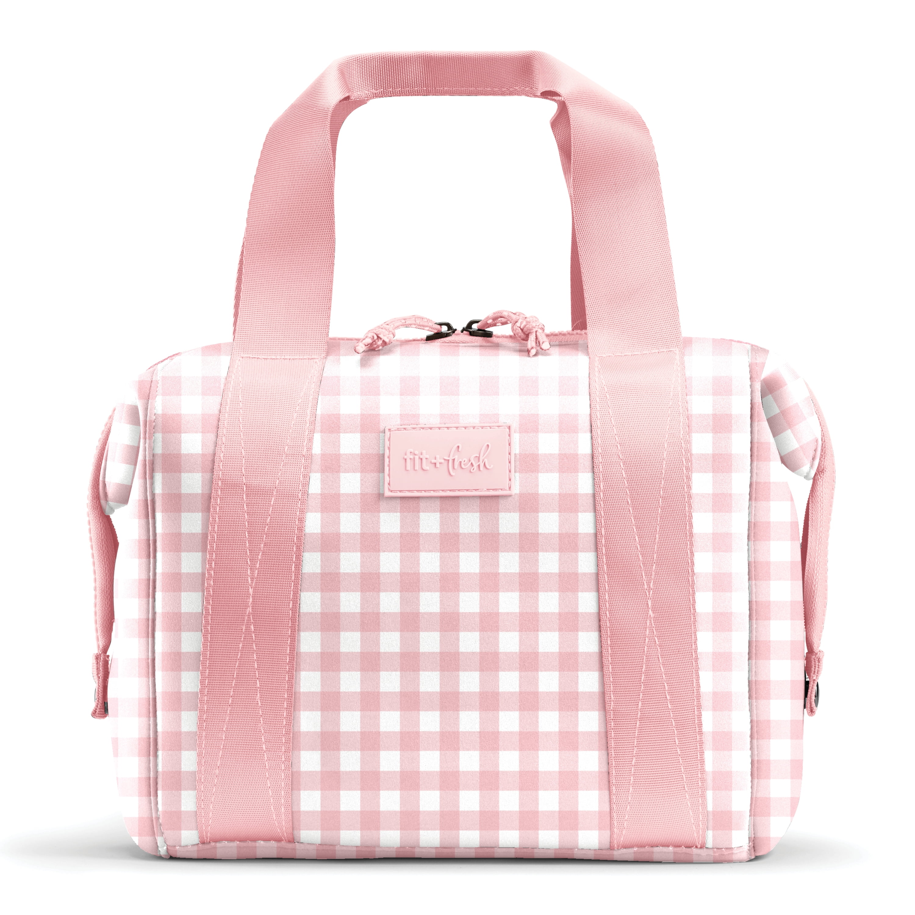 Fit + Fresh Remi Women's Lunch Bag, Self Insulating Neoprene Material Lunch Box With Containers & Ice Pack, Pink Gingham