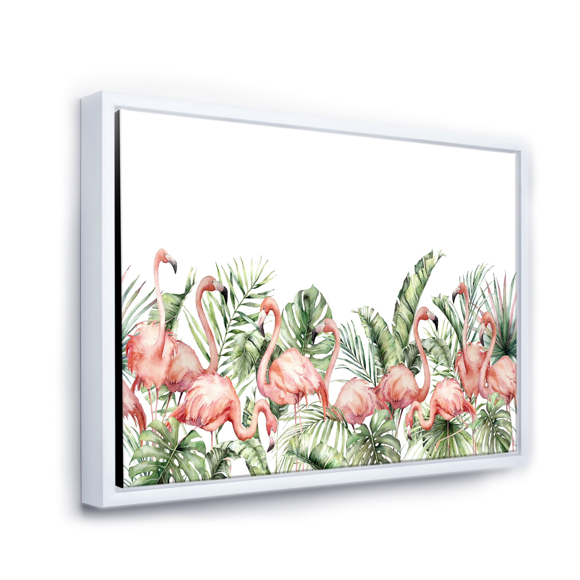 Designart 'Palm Leaves and Pink Flamingos Tropical Birds' Traditional Framed Canvas Wall Art Print