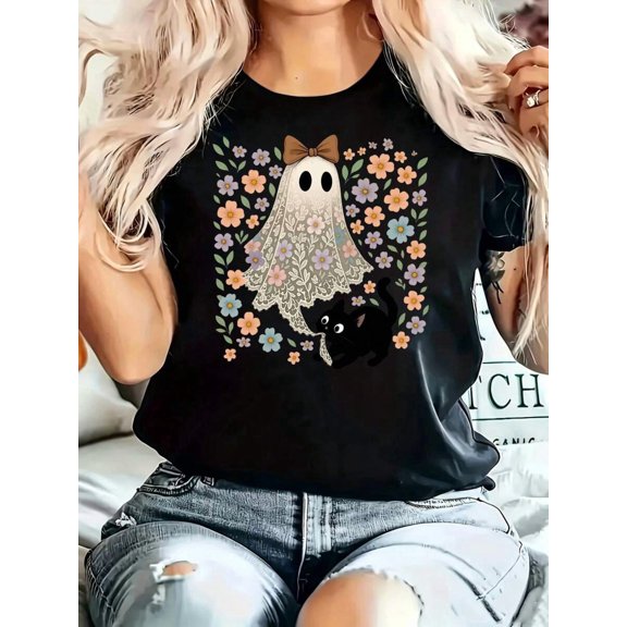 Floral Ghost And Black Cat Print, Round Neck Casual T‑Shirt, Halloween Party, Daily Wear