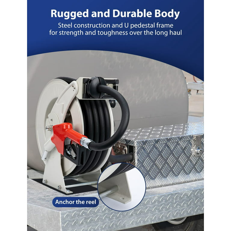 Diesel Fuel Hose Reel Retractable 3/4 x 50' Spring Driven Auto Swivel  Rewind Industrial Heavy Duty Commercial Hose Holder Reel wi 