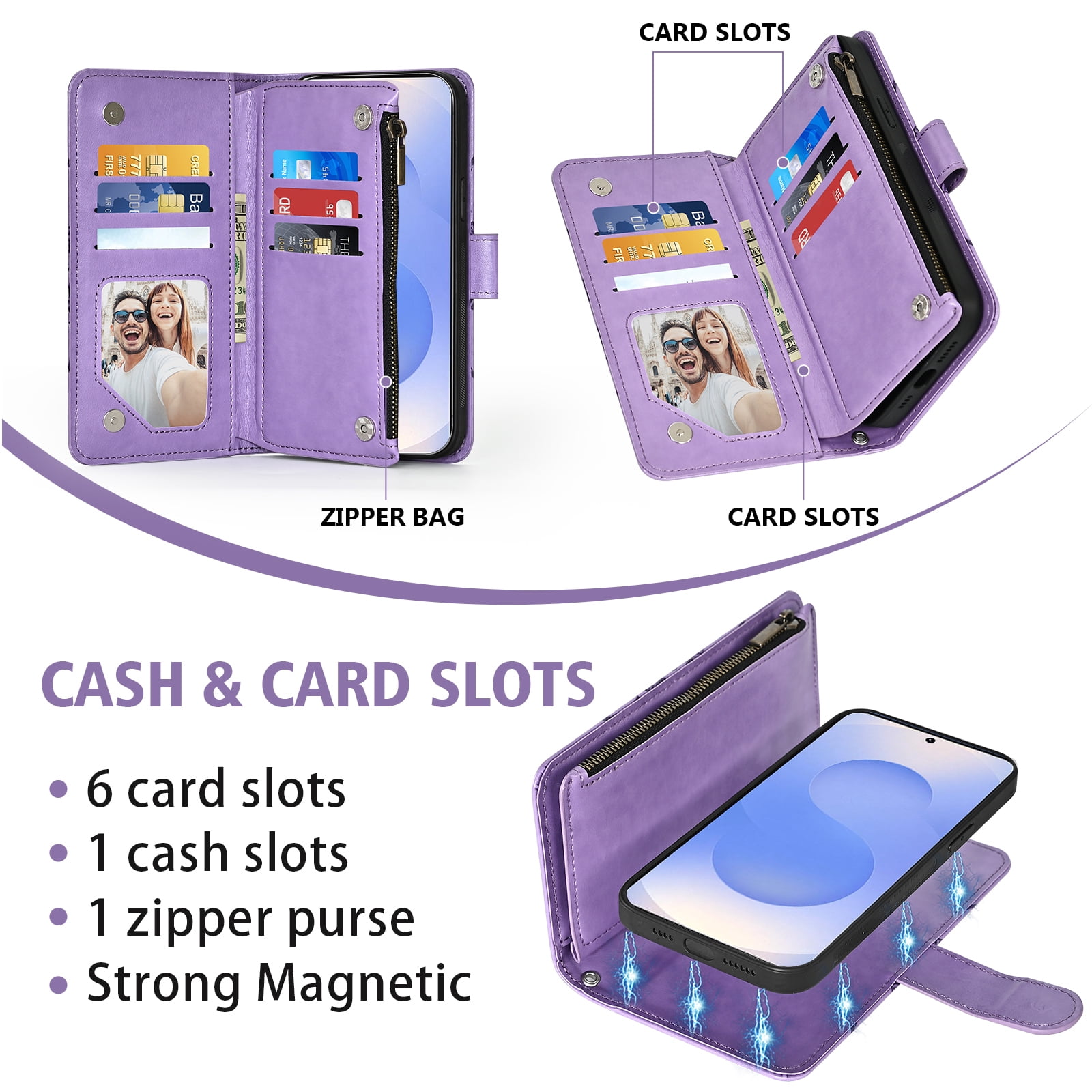 Asuwish Phone Case for Samsung Galaxy S25 5G Zipper Wallet Magnetic Detachable Cell Cover with Tempered Glass Screen Protector Crossbody Strap Flower Card Holder Slot S 25 25S G5 Women Girls Purple