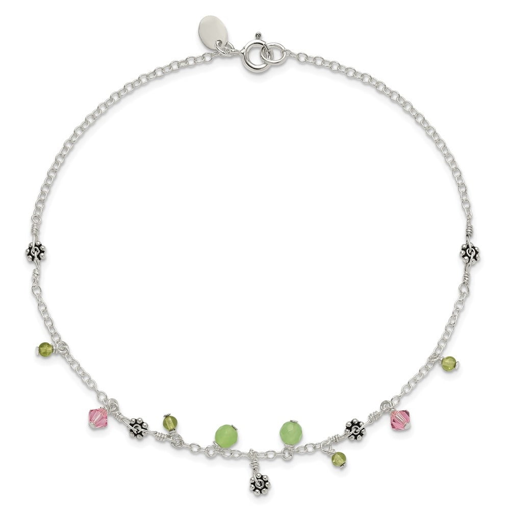 925 Sterling Silver Pink Crystal Green Quartz Peridot Beads Chain Anklet for Women 9"