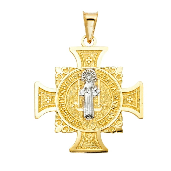 14k Yellow Gold Saint Benedict Cross Pendant Catholic Scales Medallion Charm Jewelry Female Unisex