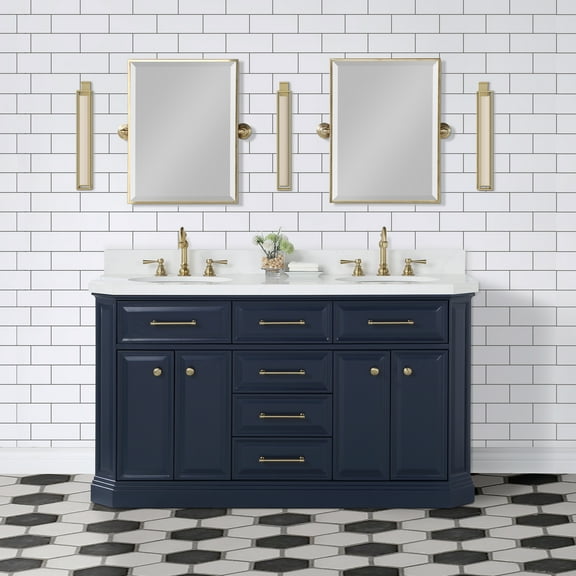 Water Creation Palace 60" Wood Double Bathroom Vanity in Blue/Gold