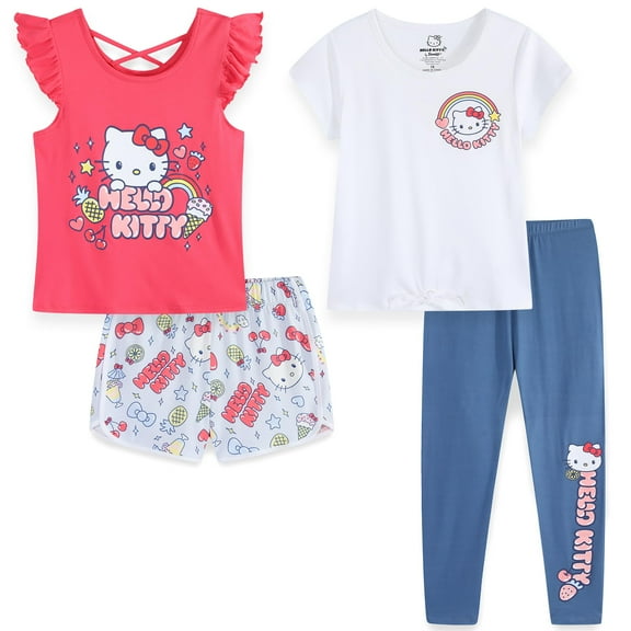 Hello Kitty Sanrio Mix and Match Outfit Set with 2 Tops, Legging Pants and Shorts (Girls), 4 Piece Set, Sizes 4-12
