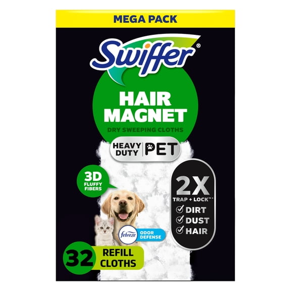 Swiffer Sweeper Pet Heavy Duty Dry Multi-Surface Cloth Refills for Floor Cleaning, Febreze, 32 Count