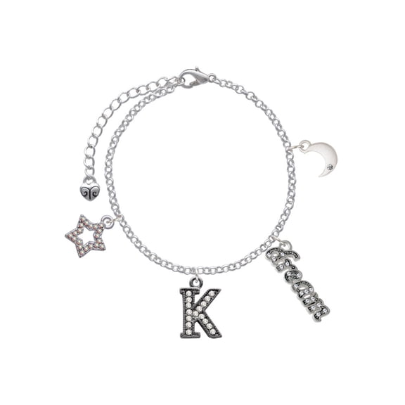 Delight Jewelry Black Nickeltone Crystal Initial - K - Beaded Border - Silvertone Dream Big Charm Bracelet, 7.5 2" Extender