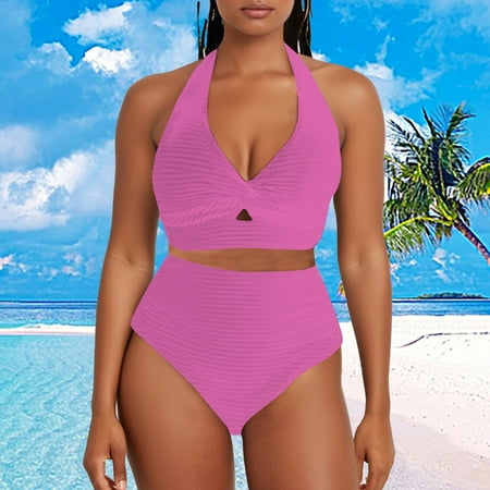 Tummy Control Swimsuit Women S Textured Bikini Sets Front Top Swimsuits High Waisted Bathing Suits Pink Women Blending Bikinis XXL