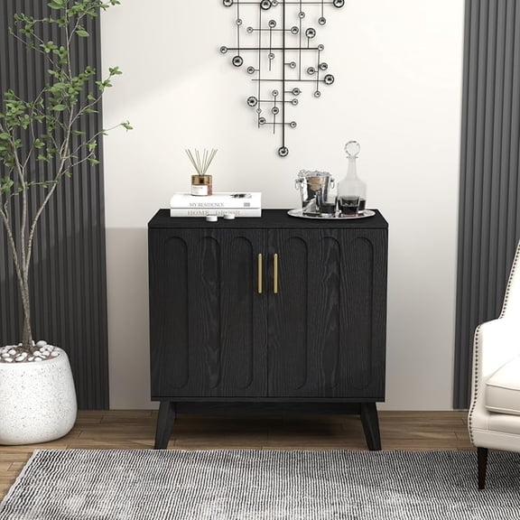 LKTART Sideboard Buffet,Mid Century Modern Storage Cabinet with Doors and Shelves, Boho Style Wooden Buffet Cabinet for Living Room,Black