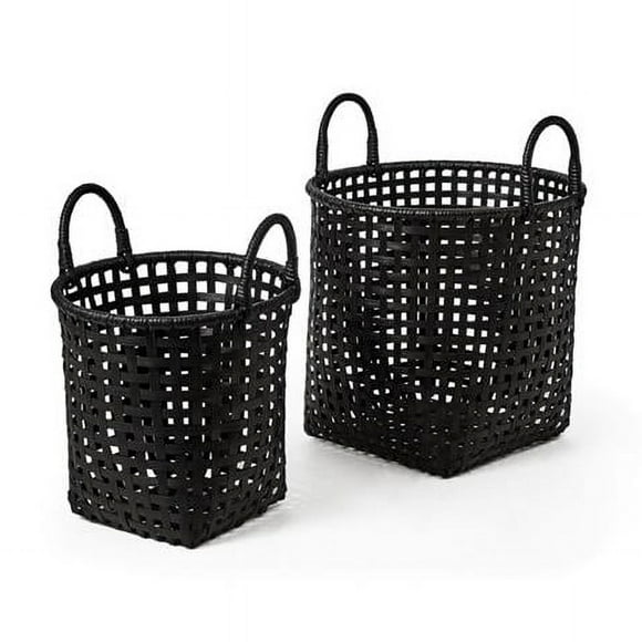 Baum 22A031K-BL Open Crosshatch Weave Bamboo Basket with Ear Handles - Round Top Square Bottom - Set of 2