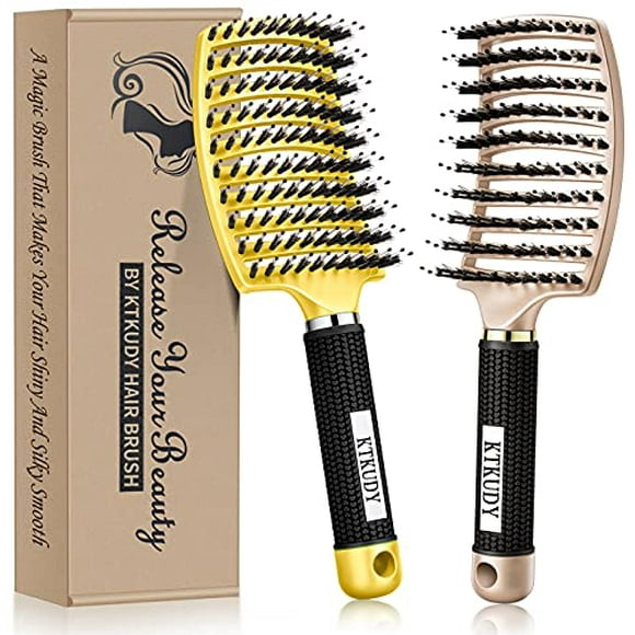 KTKUDY Detangling Brush Getting Knots Out without Pain - Boar Bristles Hair Brush Make Hair Shiny & Healthier Vented Detangler Brush for Women Men Kids Wet and Dry Hair (Yellow & Gold)