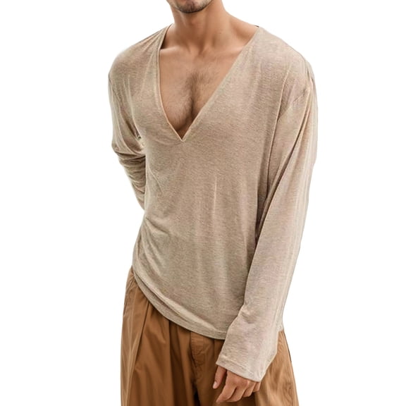 FINALGANG Mens Deep V Neck Long Sleeve Solid Color TShirts Loose Fit Casual Tees For Casual Wear Home Relaxation Brown XL