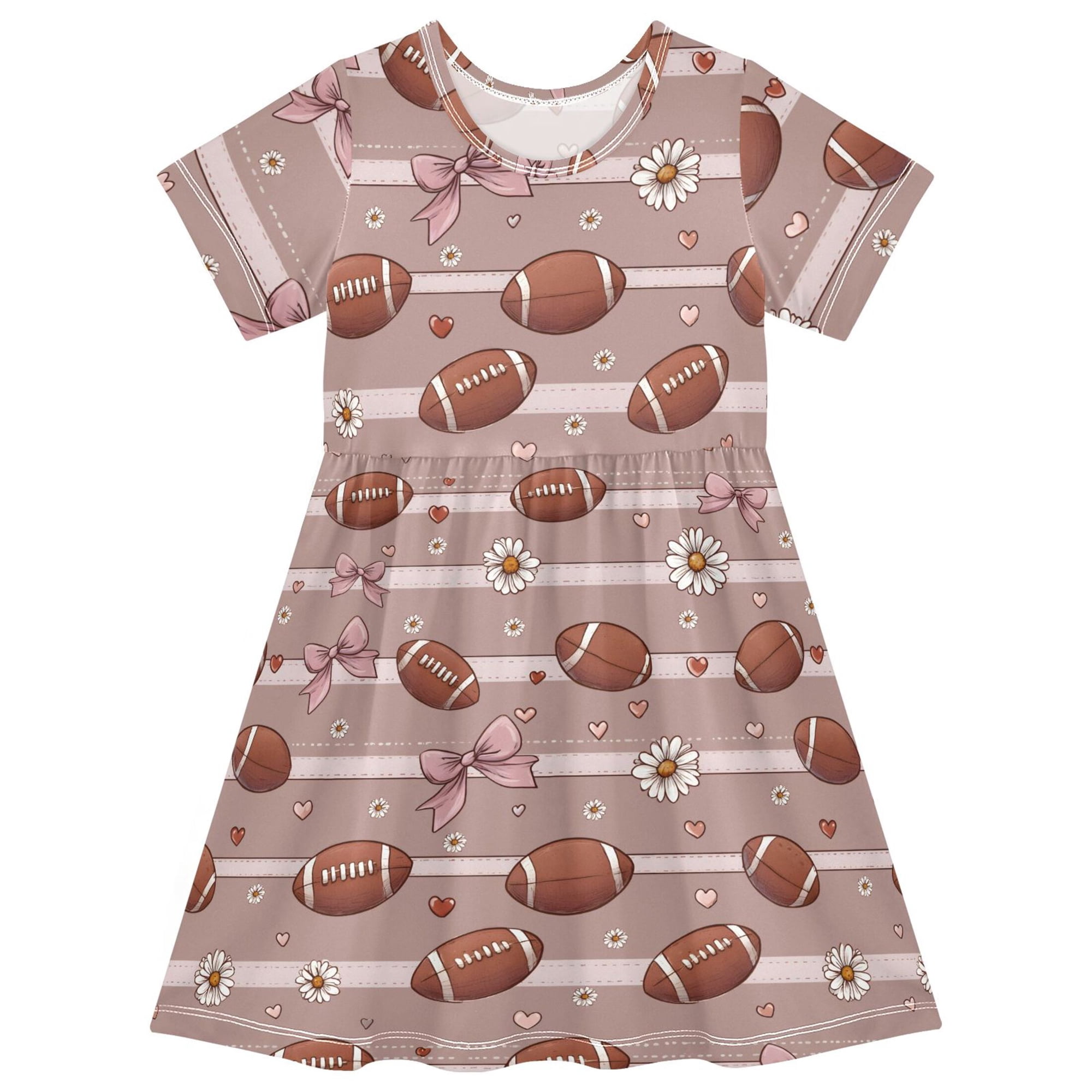 Football Bow Pattern Girls Short Sleeve Dress A Line Sun Protection Breathable Comfort Sundress 3T