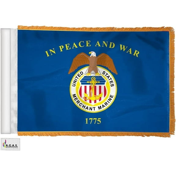AGAS Merchant Marine Ceremonial Car Antenna Flag with Gold Fringe - 4x6 inch - Single Sided Printed Wrap Knitted Polyester - Double Stitched Edges - US Military Car Antenna Flag.