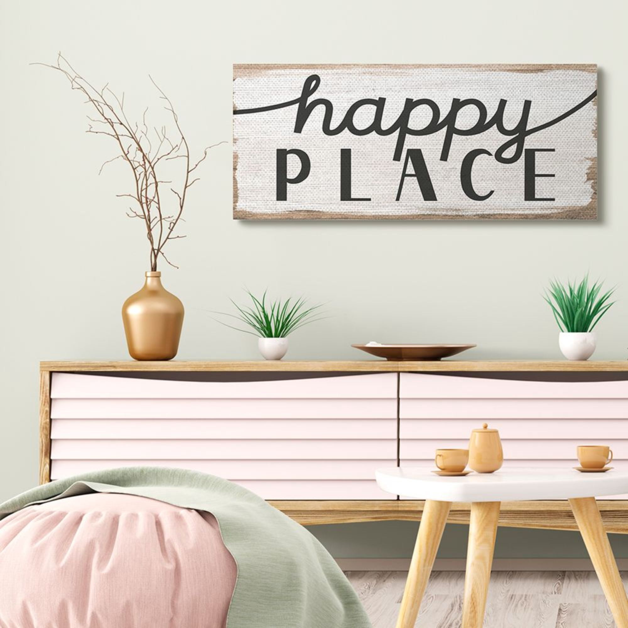 Stupell Industries Rustic Charm Happy Place Distressed Sign Design by Daphne Polselli, 17" x 40"