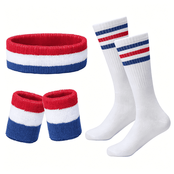 OQRKI Striped Sweatbands Set, Sports Headband and Wristbands Sweatbands Colorful Cotton Striped Sweatband Set American Flag Style for Men and Women
