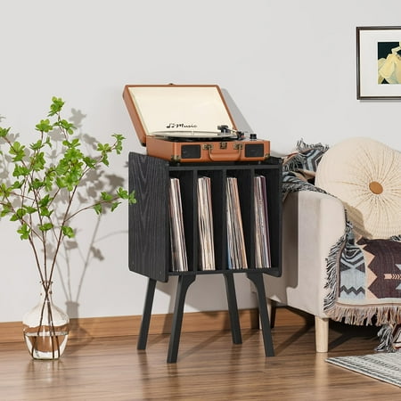 Holds Up To 80 Albums Beech Wood Record Player Stand With Storage, Mid-Century Turntable Table, Black Vinyl Holder Display Shelf For Bedroom Living Room