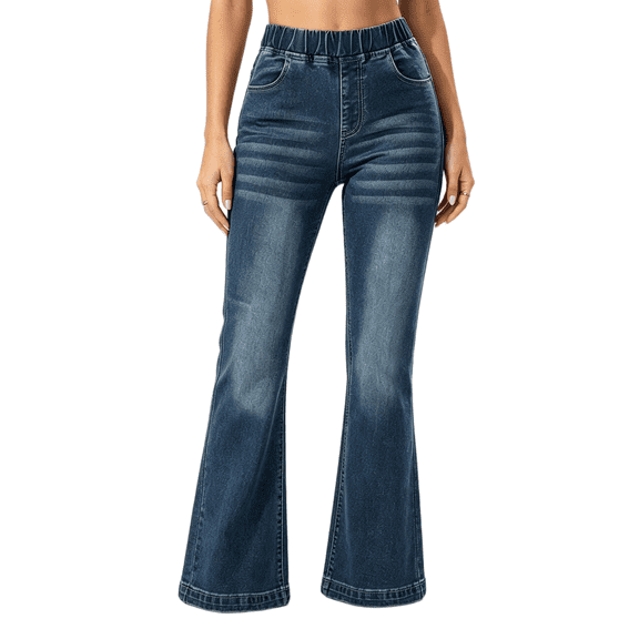 Women's High Waisted Stretch Pull On Flare Jeans, Dark Wash, with Elastic Waistband, Faded Detail and Wide Hem, Casual Bootcut Pants