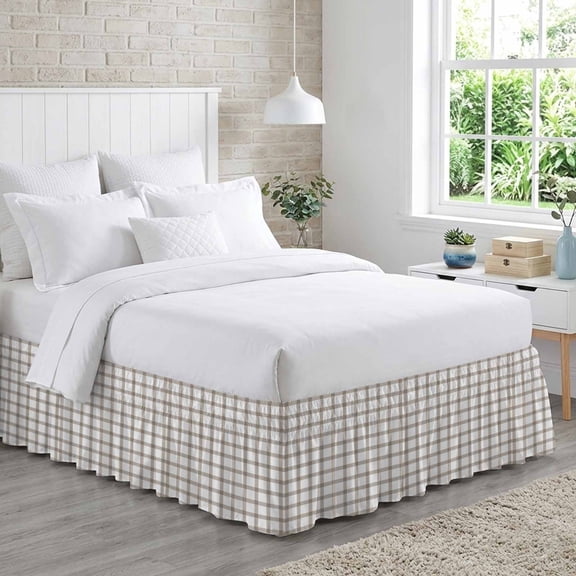Bed Skirt Light Brown Adjustable Elastic Wrap-Around Dust Ruffle with Checkered 18 Inch Drop, Bed Frame Cover for Queen Size Bed