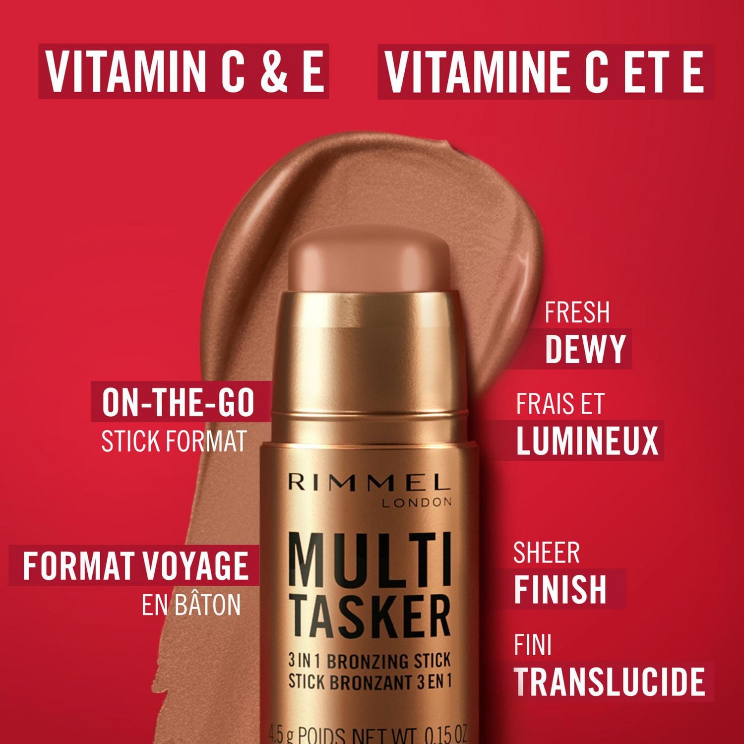 Rimmel Multi Tasker stick bronzant, sculptant et contouring, tenue toute la journée, fini frais