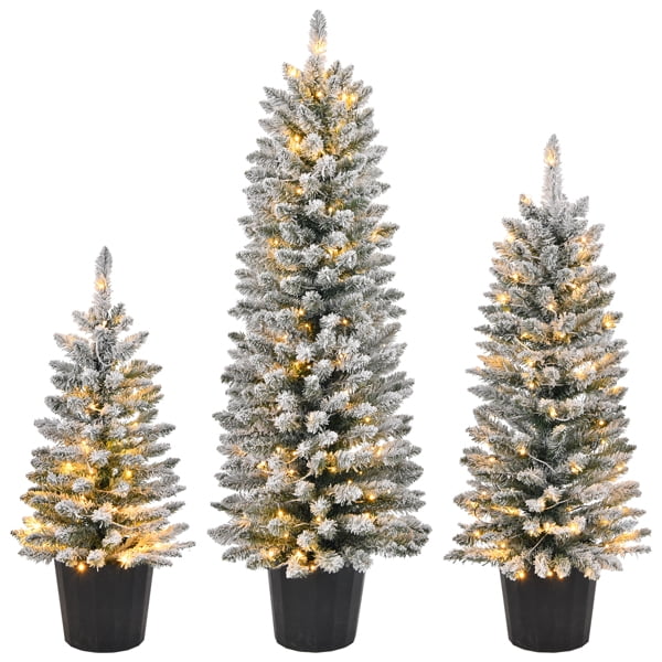3-Piece Pre-Lit Flocked Christmas Tree Set - Warm White LEDs, Snowy Green PVC Branches, Flame-Retardant, Holiday Decor for Home/Living Room/Entryway