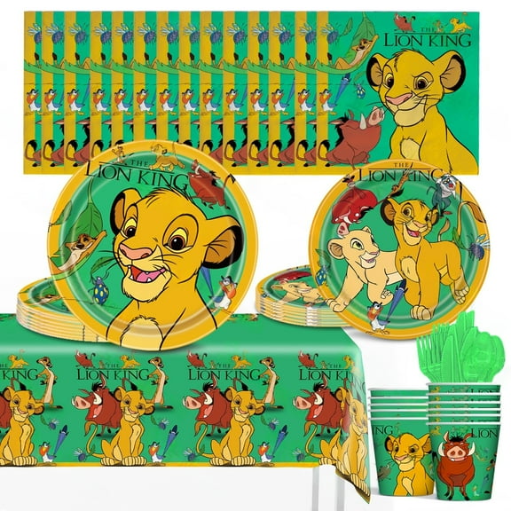 Cartoon The Lion King themed birthday decorations, party supplies set including banners, tablecloths, plates, paper towels, paper cups, tableware, etc. for boys and girls cartoon theme party supplies