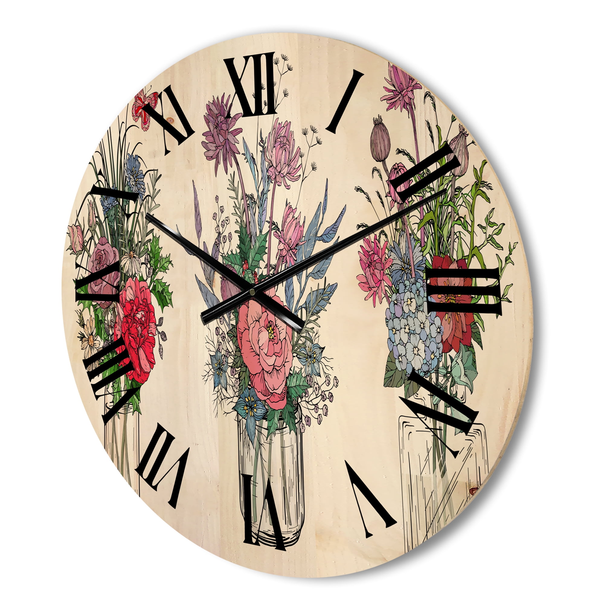 Designart 'Transparent Vases With Bouquets of Wildflowers I' Farmhouse Wood Wall Clock