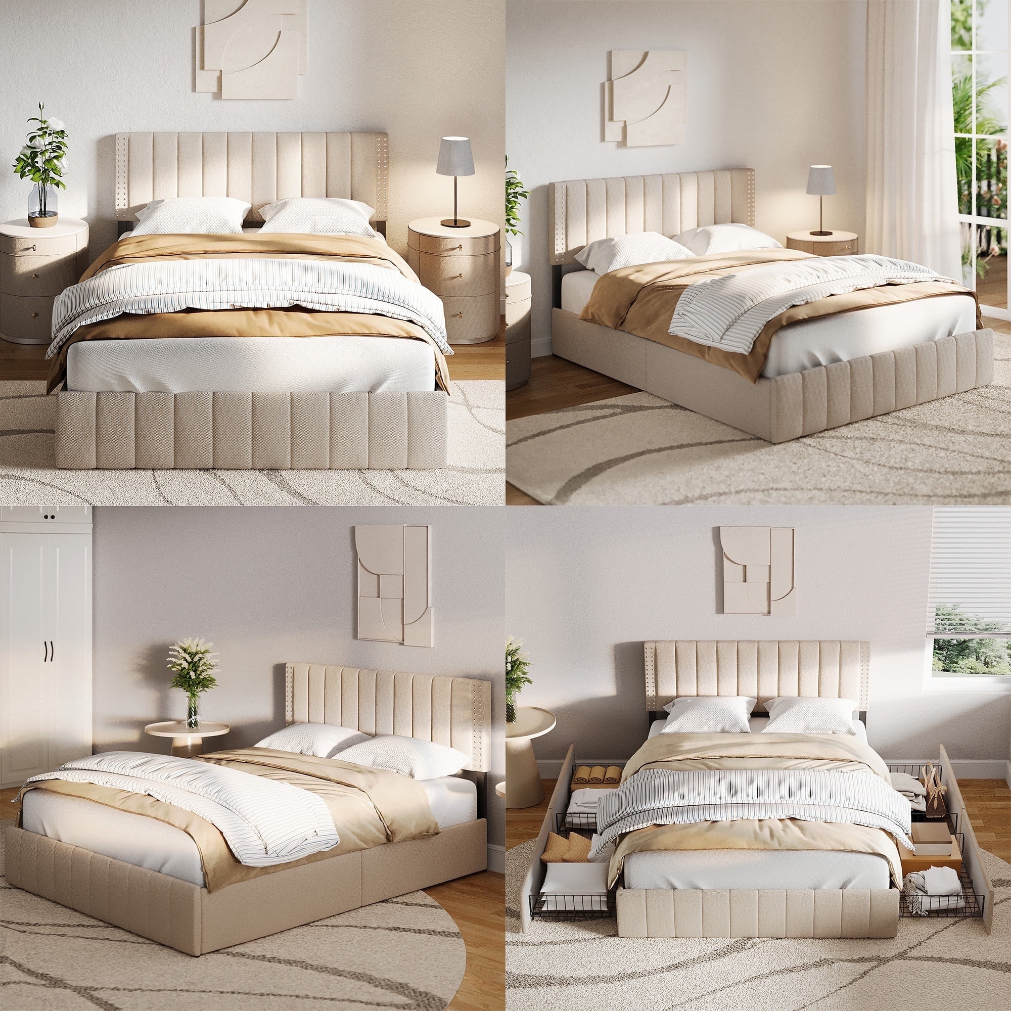 Asofer Modern Queen Bed Frame with Adjustable Headboard and 4 Metal Storage Drawers, Beige