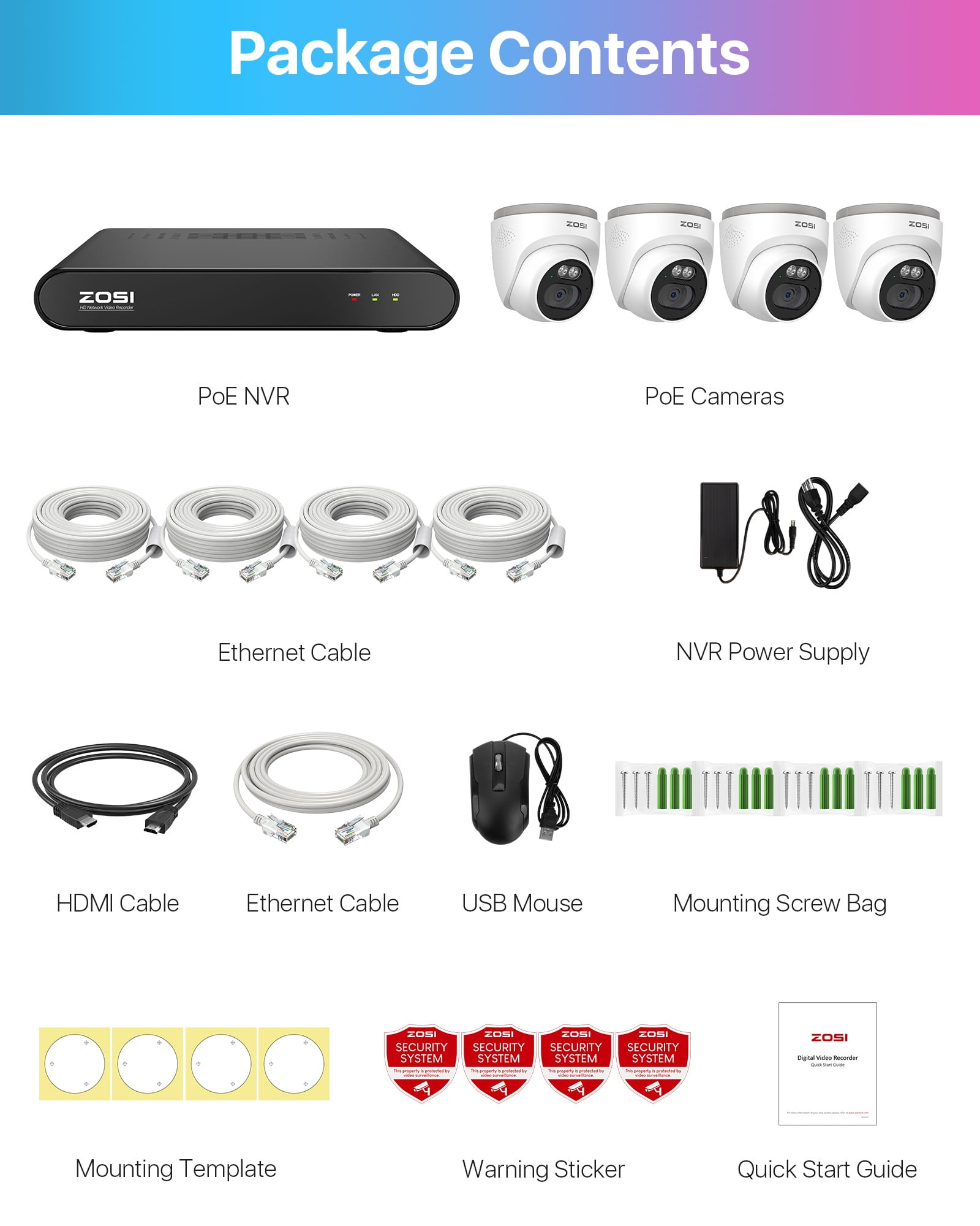 5MP PoE Security Cameras System, ZOSI 8CH Security Camera System 2TB HDD, 4pcs 4MP 2.5K HD Weatherproof Outdoor IP Cameras with Audio, Smart AI Human Detection, 100ft Night Vision