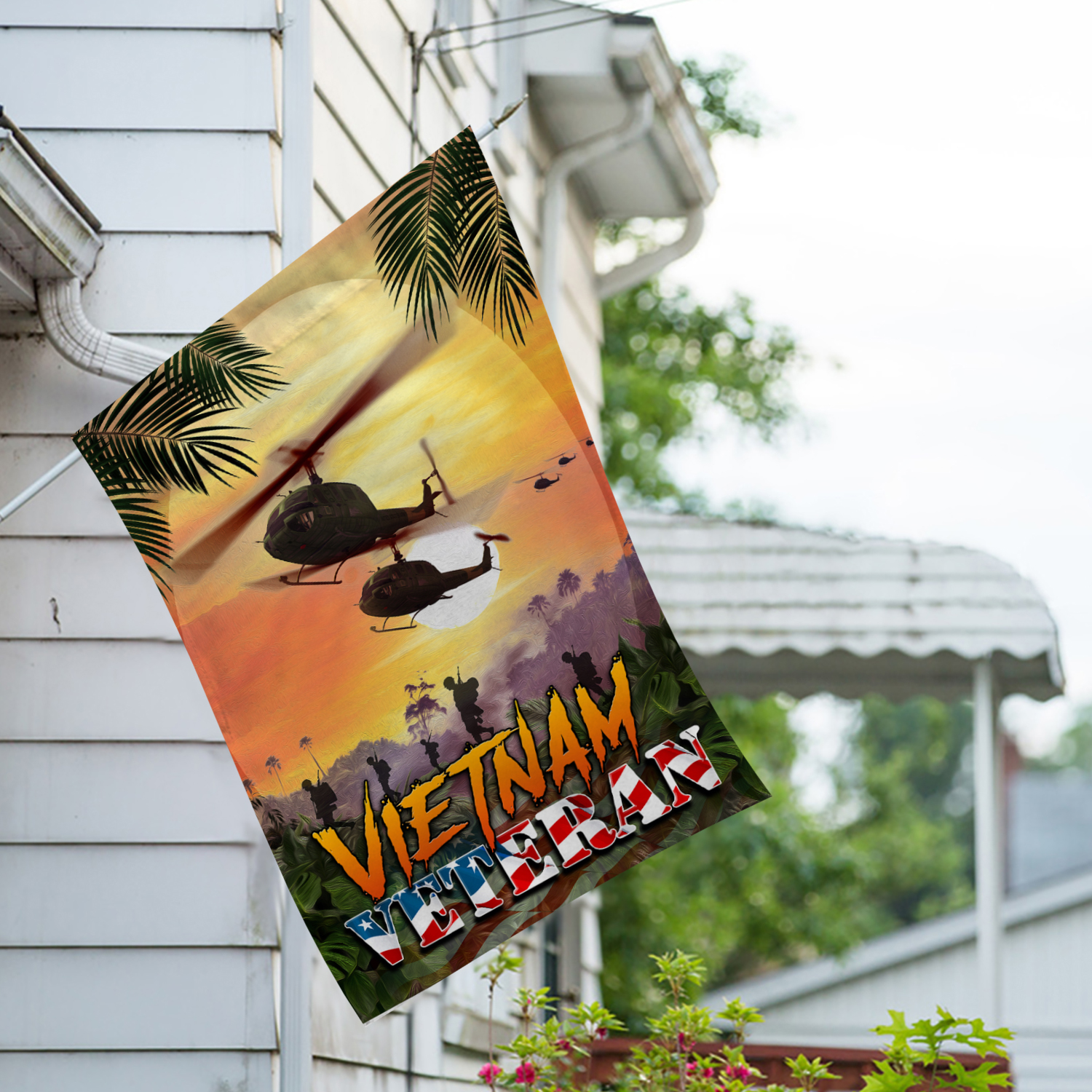 America Forever Vietnam Veteran House Flag 28 x 40 inch Double Sided Military Honor Helicopters Palm Trees Sunset Patriotic Outdoor Yard Decor