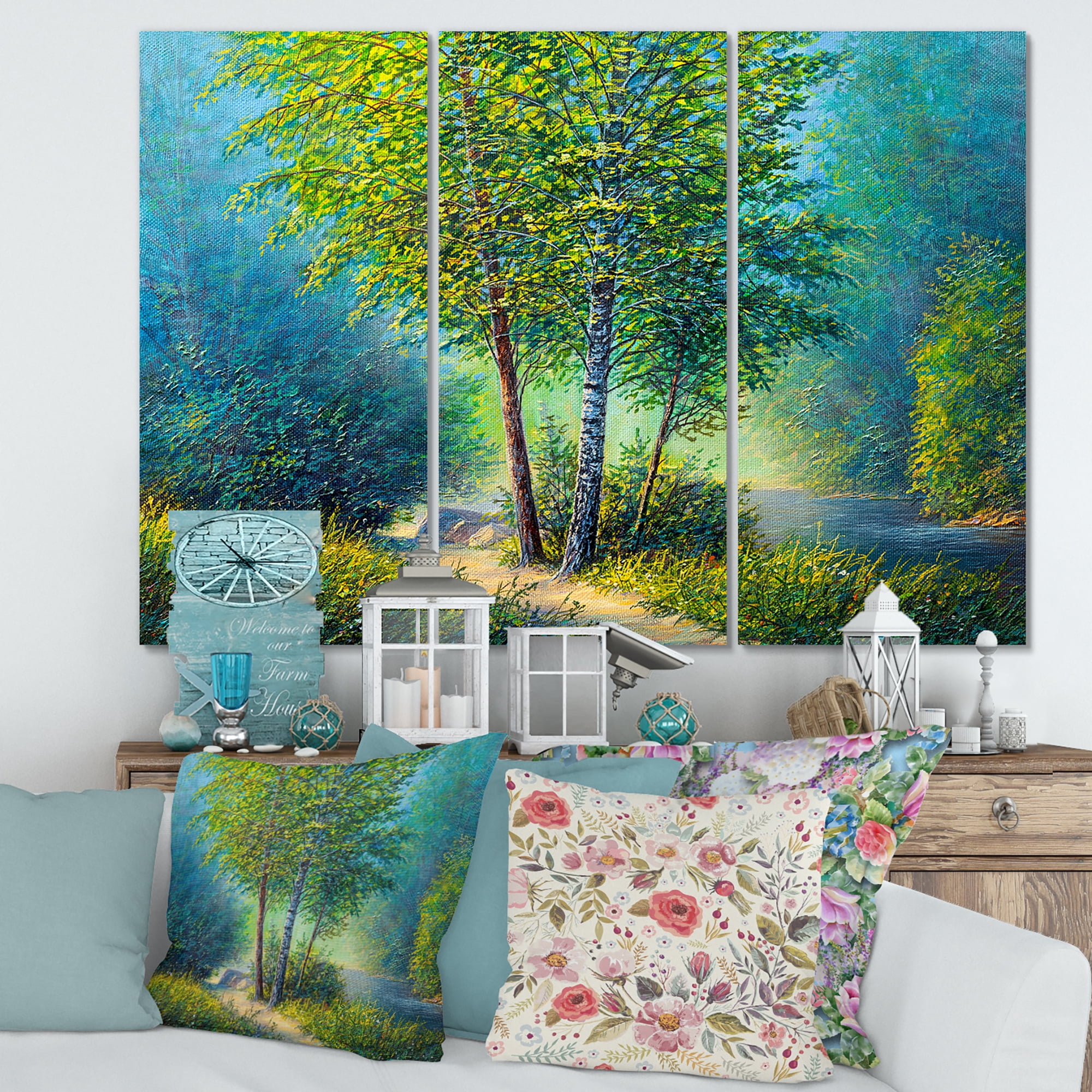 Designart ' Three Vibrant Green Trees By The River ' Lake House Canvas Wall Art Print