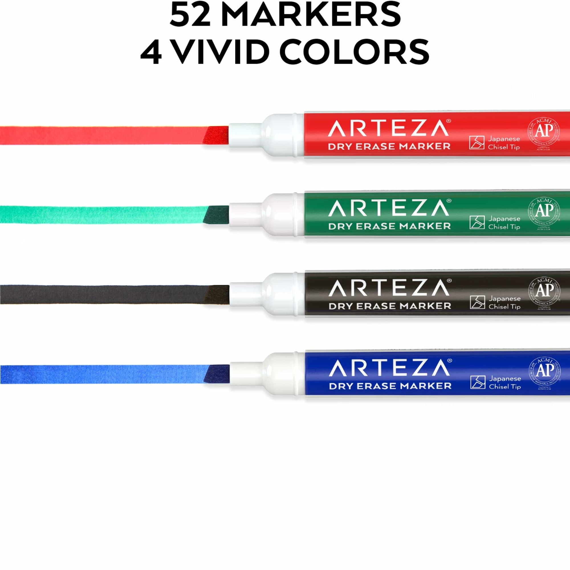 Arteza Dry Erase Markers, Chisel Tip, Assorted Colors, 52 Count