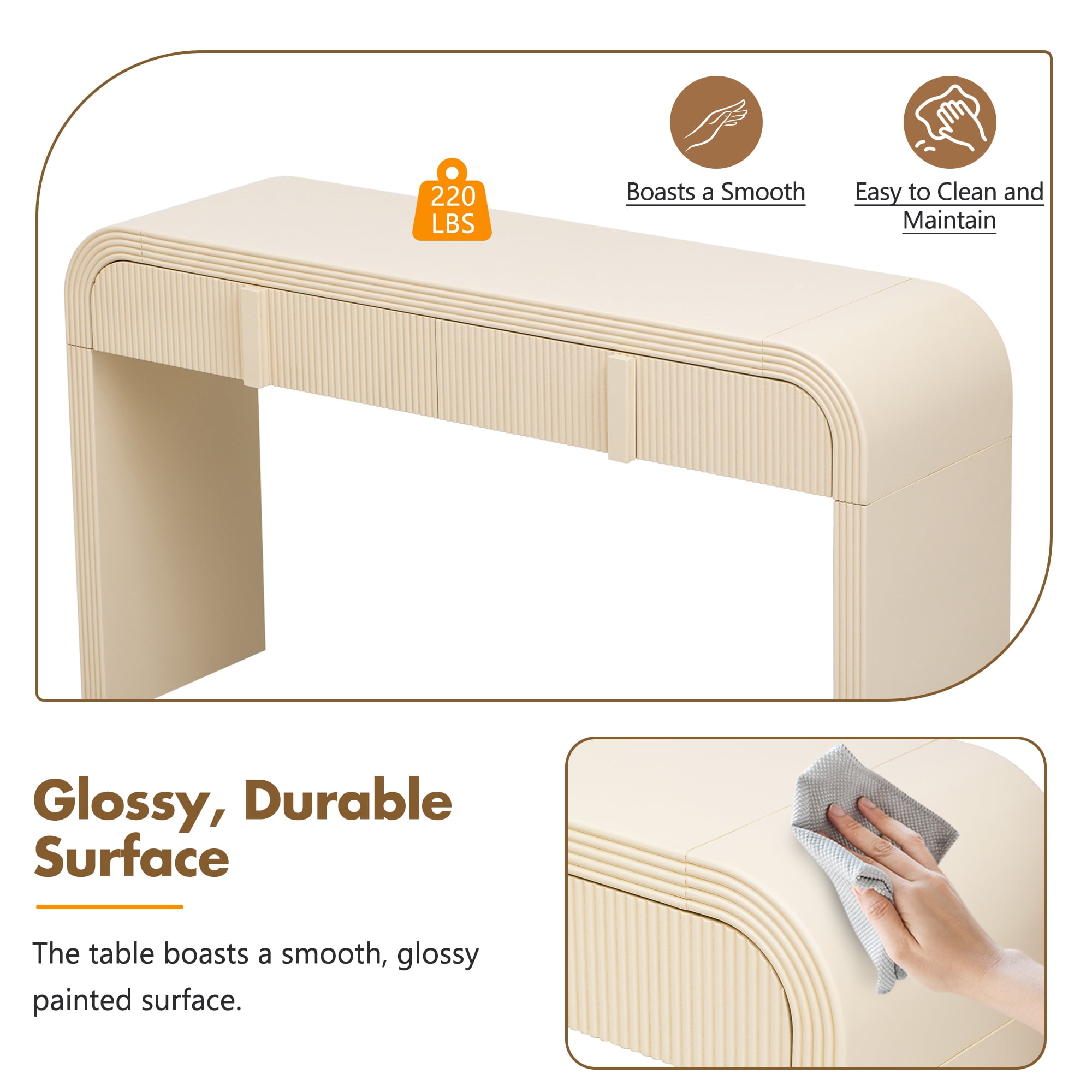 Euroco 55" Unique Curved Console Table with 2 Storage Drawers, Fluted Accent Entryway Table Sofa Table for Hallway Living Room Foyer,Apricot Cream