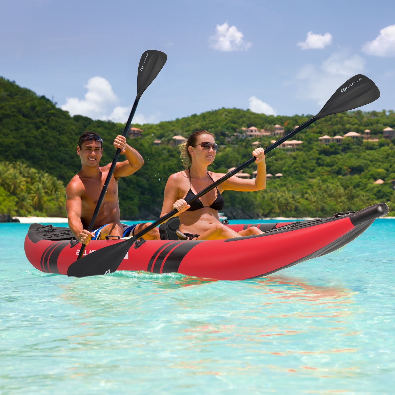 Goplus Inflatable Water Float Set Portable 2-person Kayak with Aluminium Oars EVA Padded Seat Red
