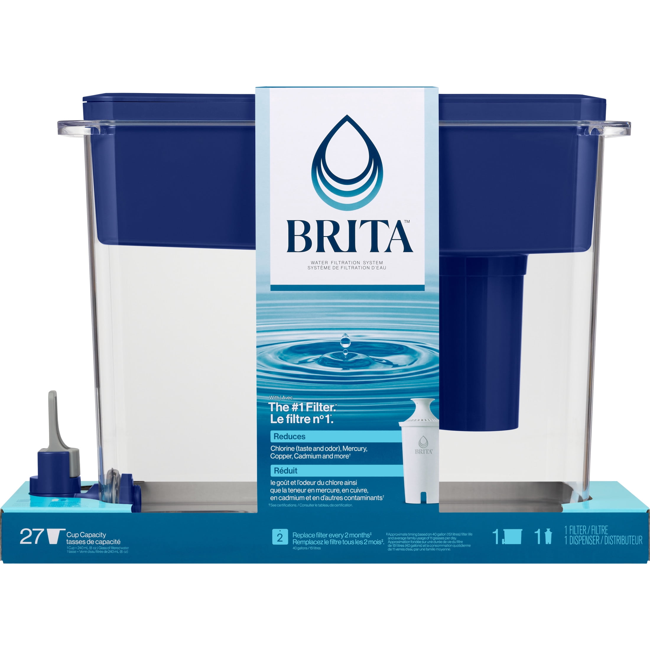 Brita 27 Cup Extra Large Plastic Water Filtration Dispenser, Blue, BPA Free with 1 Standard Brita Filter