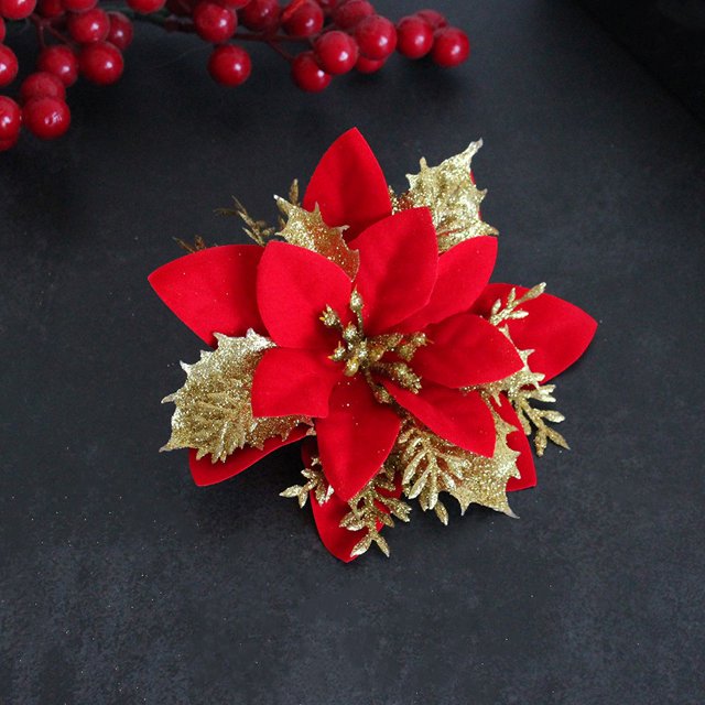CHAO (Oro rojo) 10 clips para marco de flores de árbol de Navidad, flores artificiales de Navidad con purpurina, guirnalda de flores de árbol de Navidad con purpurina, guirnalda, decoración de árbol d