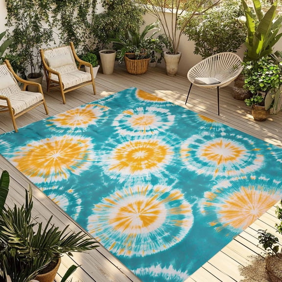 Fsddascl Teal Orange Tie-Dye Outdoor Rug for Patio/Deck/Porch, Non-Slip Large Area Rug 4 x 6 Ft, Ethnic Modern Abstract Watercolor Indoor Outdoor Rugs Washable Area Rugs, Camping Rug Carpet