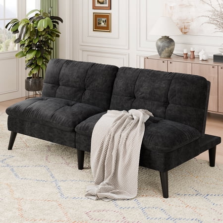 Walsunny Convertible Futon Sofa Bed, Foldable Sleeper Futon with 3-Angle Adjustment, Multifunctional Folding Futon Couch for Small Space, Black