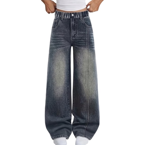 GiLiling Girls Y2k Baggy Cargo Jeans High Waist Wide Leg Elastic Waist Vintage Aesthetic Denim Pants Casual Style (Blue, 9-10 Years)